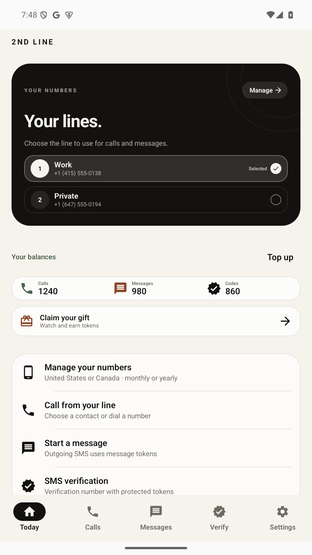 2nd Line Android app home screen